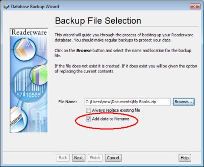 Readerware backup file selection screenshot (Windows)