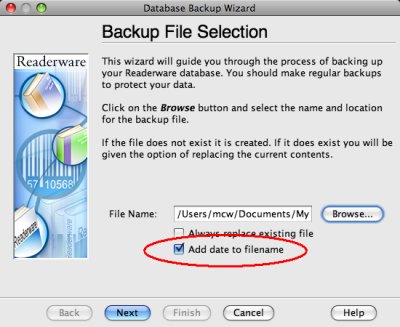 Readerware backup file selection screenshot (Mac)