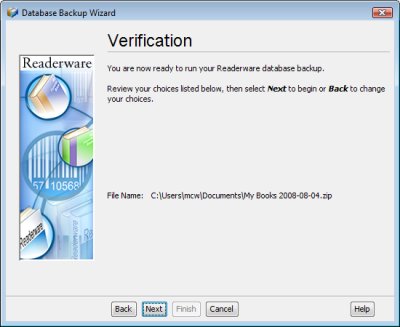 Readerware backup verification screenshot (Windows)