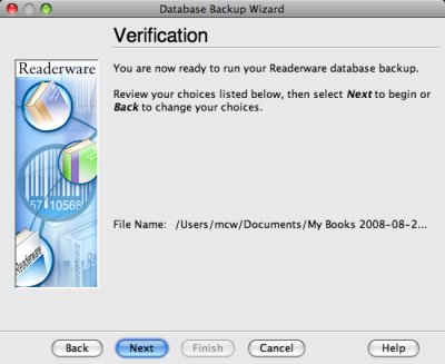Readerware backup verification screenshot (Mac)