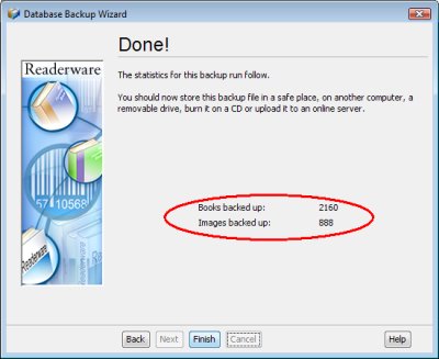 Readerware backup complete screenshot (Windows)